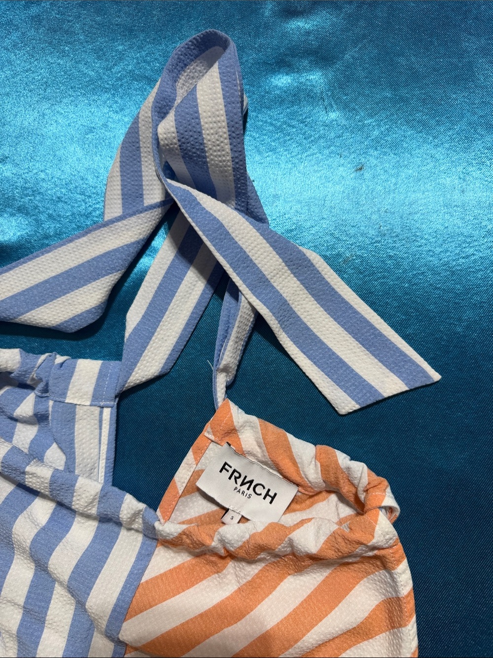 FRNCH Striped Halter Tie Top in Light Blue & Coral - Picture 3 of 3